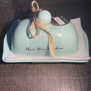 Lily & Grace Ceramic Butter Dish W/Lid Light Mint Green "Bless This Kitchen” New
